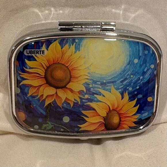 Sunflowers Starry Night Travel Pill Box 2 Compartment Medicine Pill Case NEW - Picture 1 of 5